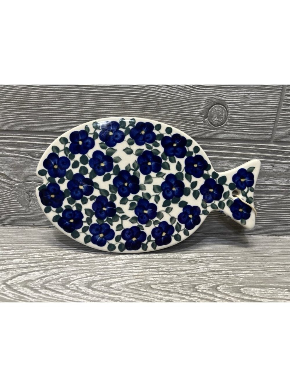 W R Untkat Polish Pottery Fish Trivet Handpainted Hangs 10.25” X 6” Blue Floral